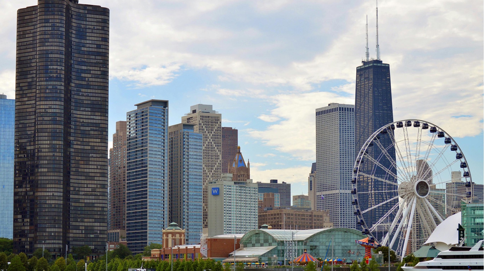 Navy Pier with Centennial Wheel ferris wheel over Lake Michigan