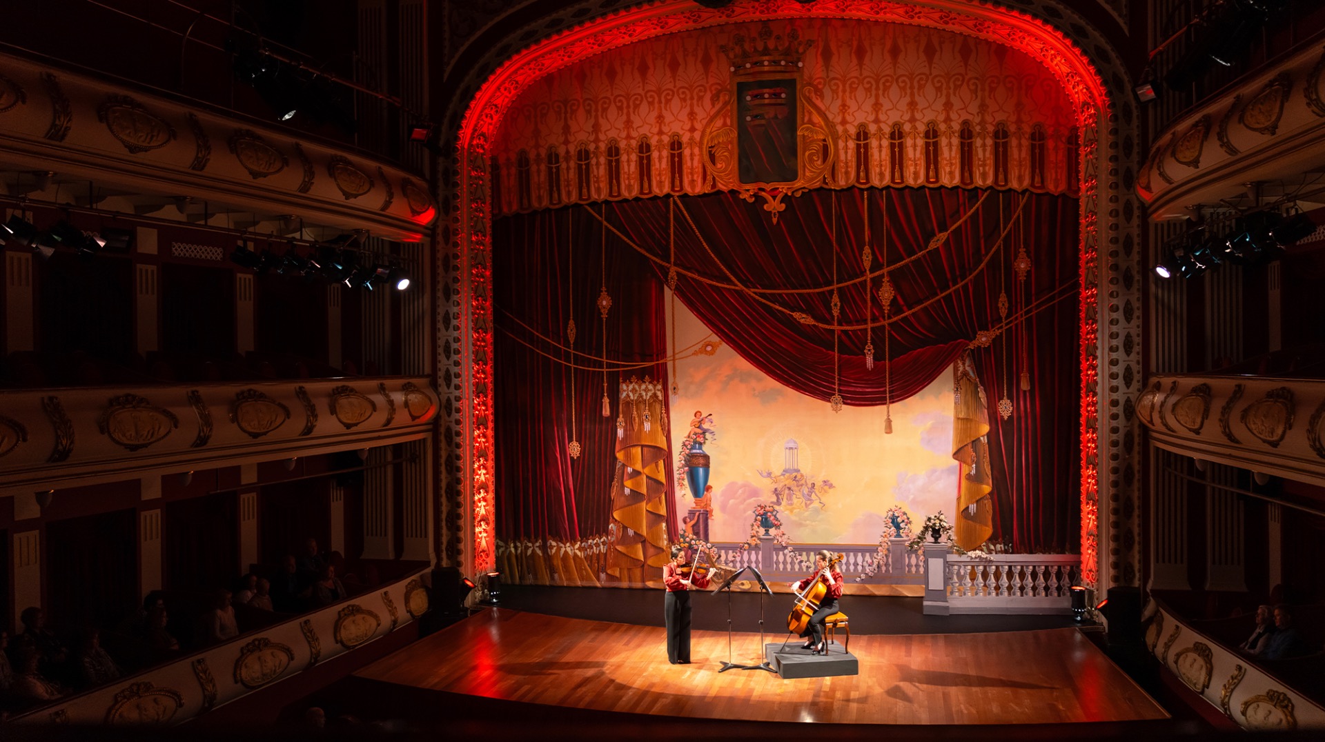 Historic Music Box Theatre vintage cinema with red velvet curtains